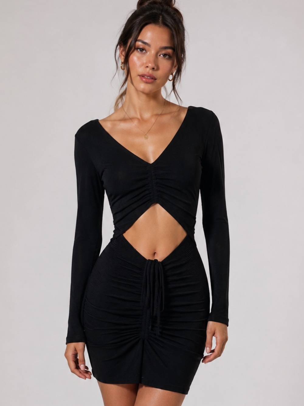 Showpo Black Long-Sleeve Cutout Ruched Mini Dress